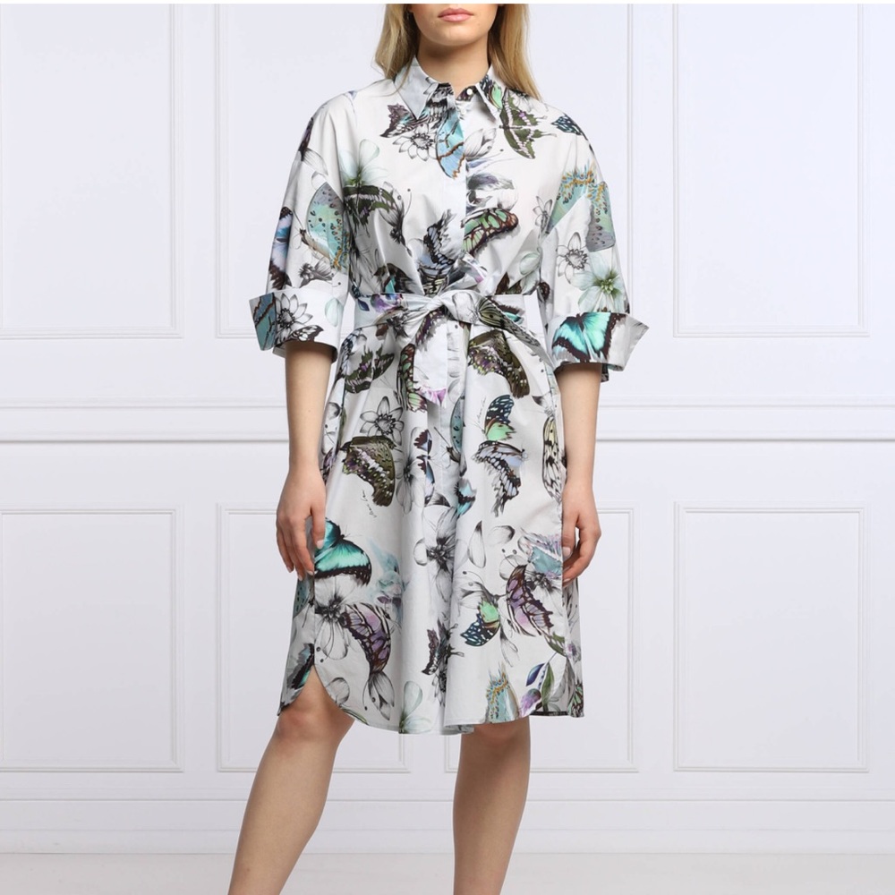 Marc Cain Blue Butterfly Print Shirt Dress